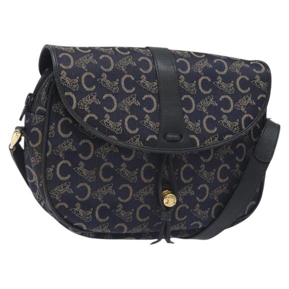 CELINE C Sulky Shoulder Bag Canvas Navy Gold - Picture 1 of 12